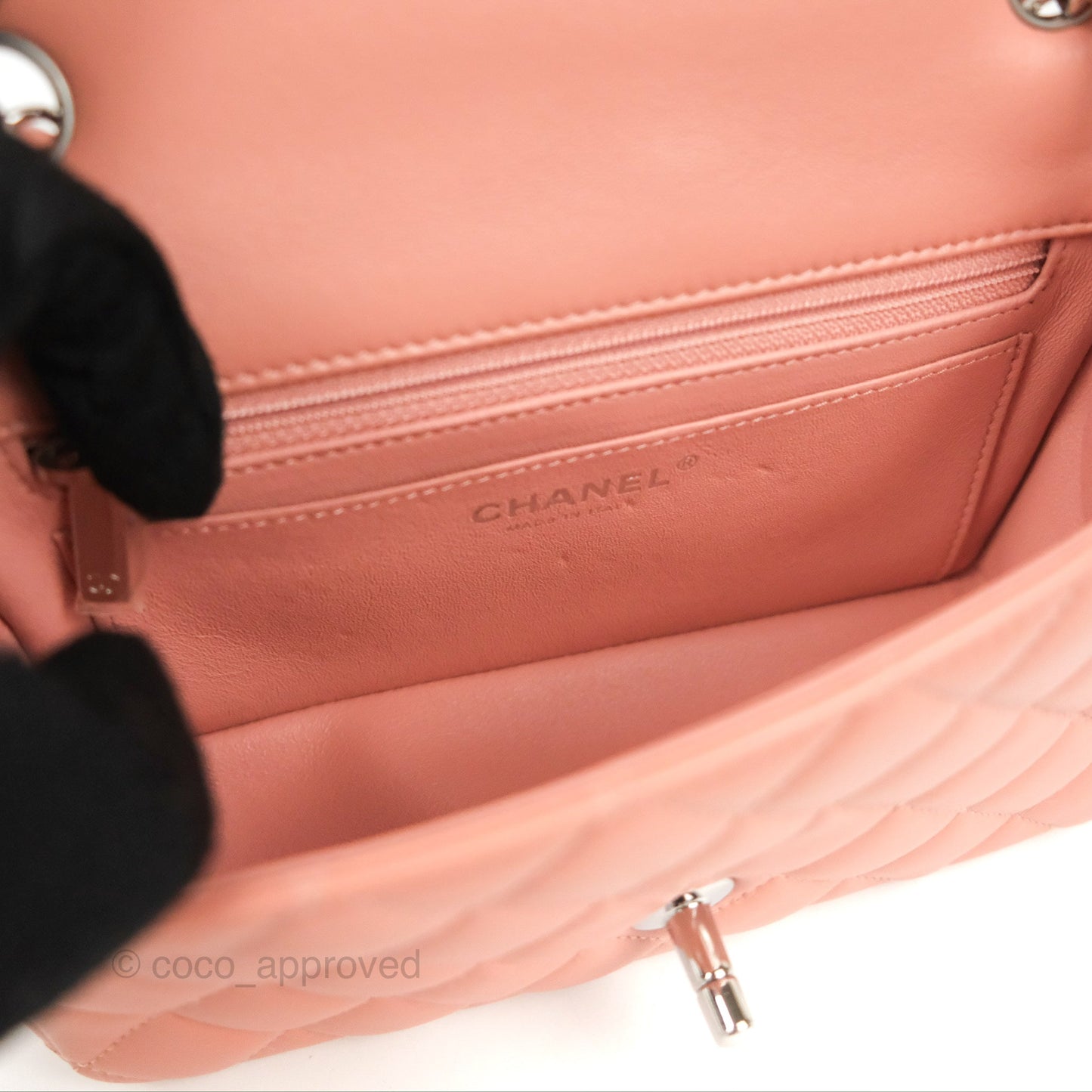 Chanel Quilted Mini Rectangular Flap Salmon Pink Lambskin Silver Hardware 21B