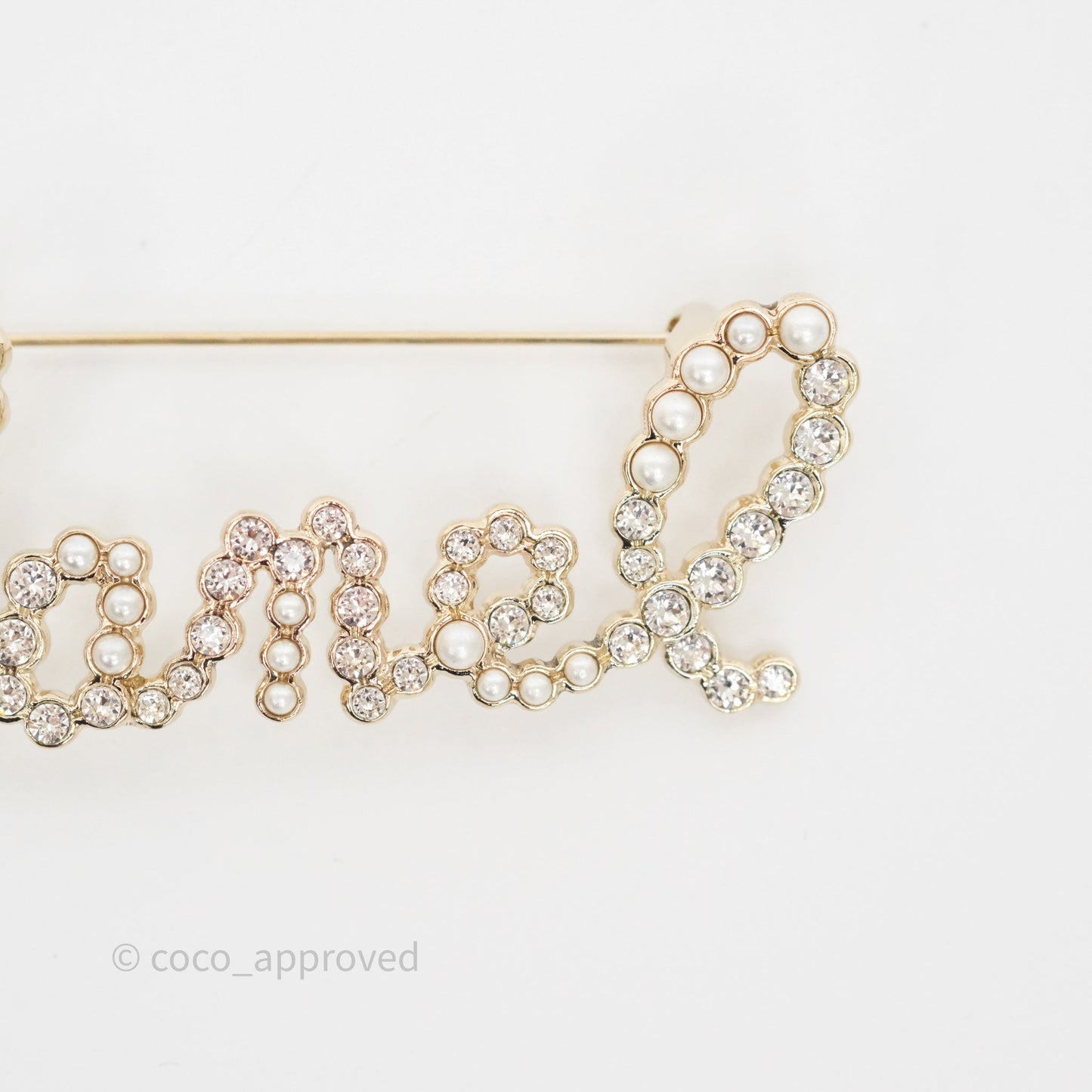 Chanel Logo Pearl Crystal Brooch Gold Tone 20V