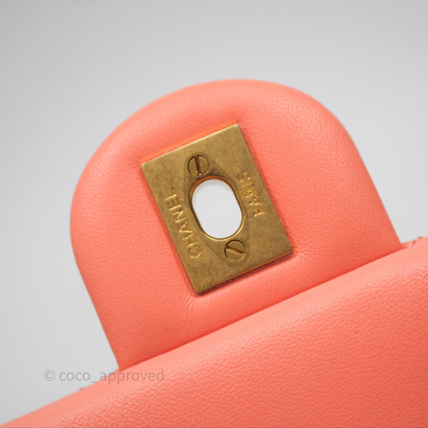 Chanel Pearl Crush Mini Square Quilted Peachy Pink Lambskin Aged Gold Hardware