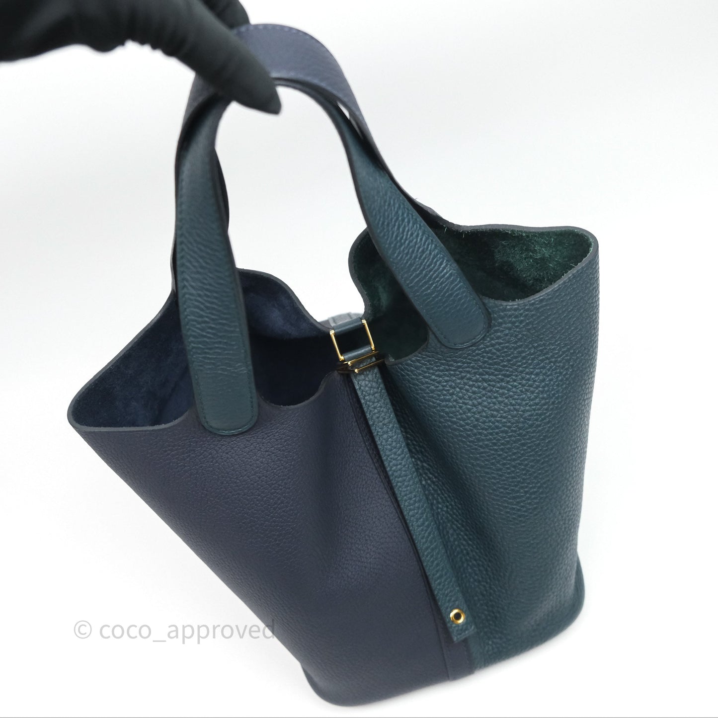 Hermès Picotin Lock 22 Casaque Vert Cyprès 6O/ Bleu Nuit 2Z/ Black Noir 89 Clemence Gold Hardware