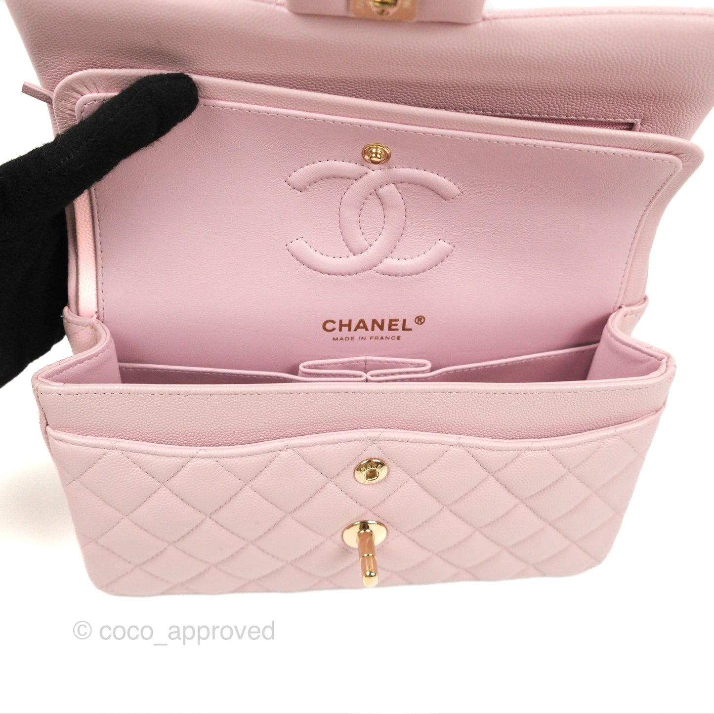 Chanel Small Classic Quilted Flap Pink Caviar Gold Hardware 21S