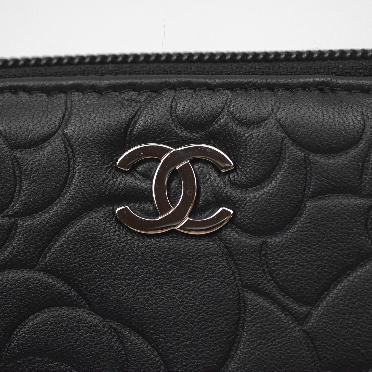 Chanel Key Holder Case Black Camellia Embossed Lambskin Silver Hardware