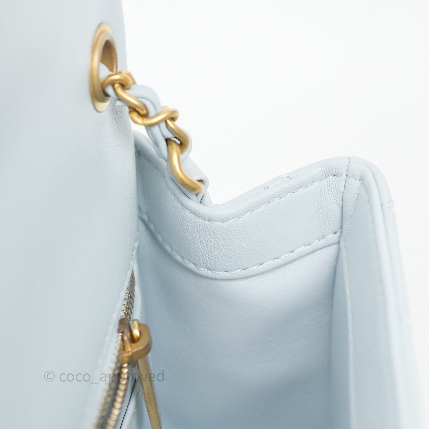 Chanel Pearl Crush Mini Rectangular Light Blue Lambskin Aged Gold Hardware