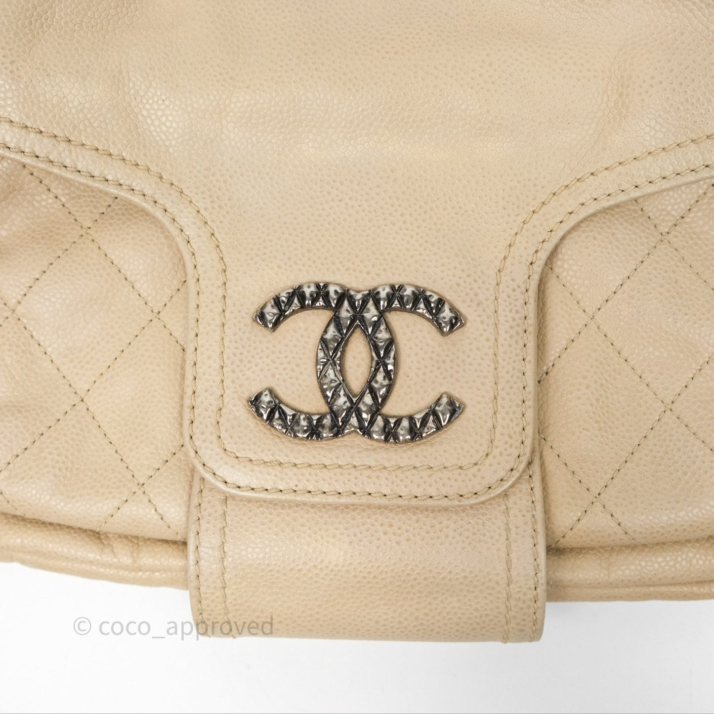 Chanel Quilted Coco Rider Hobo Bag Beige Caviar Ruthenium Hardware