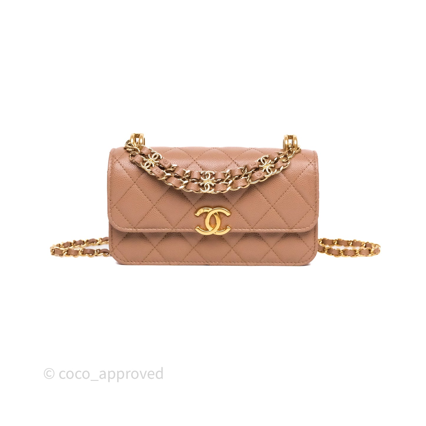 Chanel Coco First Phone Holder Dark Beige Caviar Gold Hardware 22K