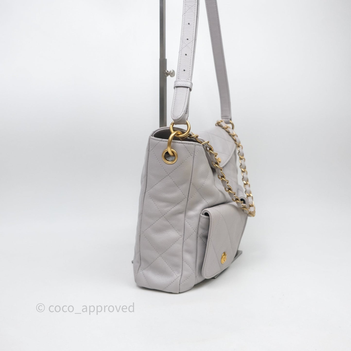 Chanel Double Pocket Hobo Bag Grey Caviar Aged Gold Hardware