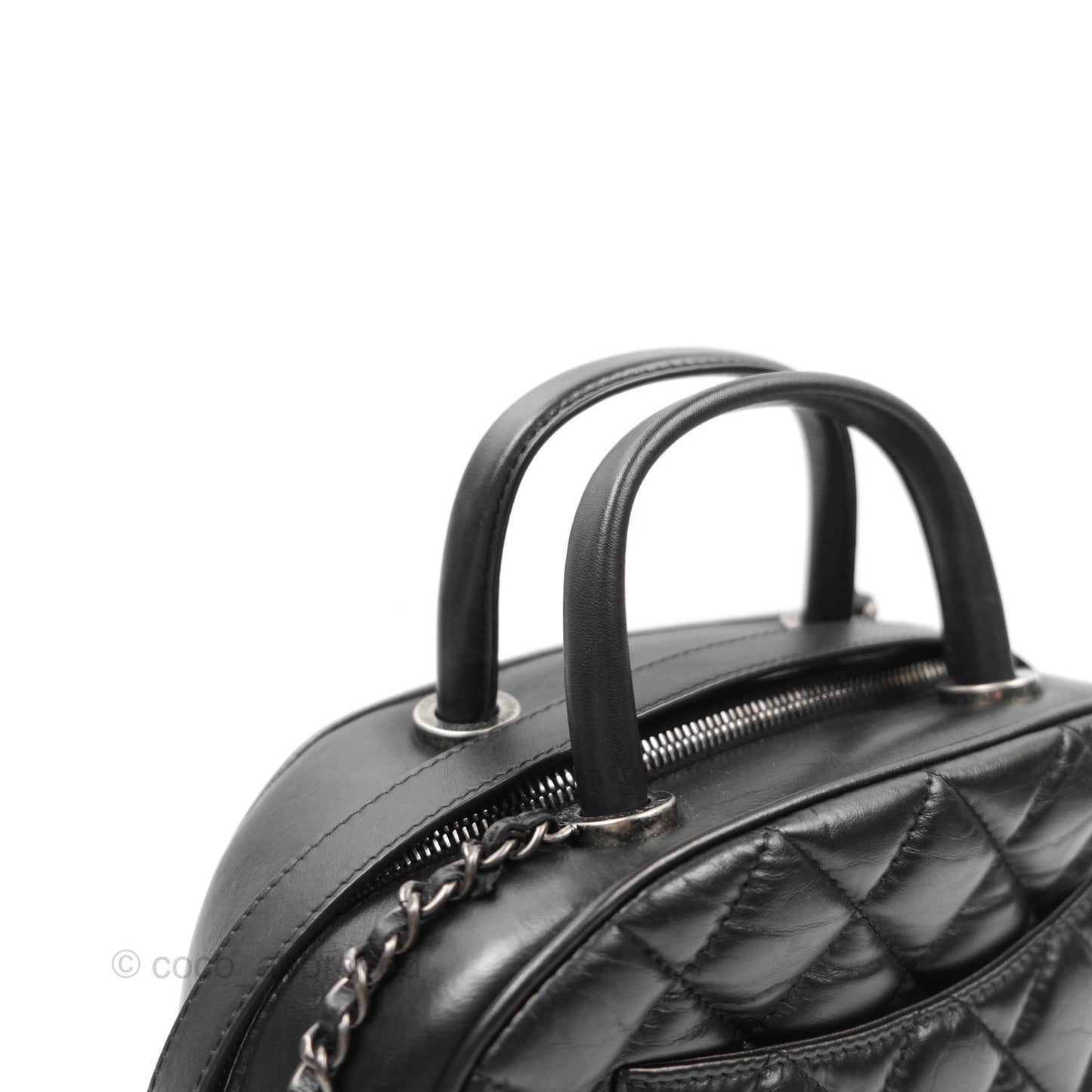 Chanel Quilted Small Handle Bowling Bag Black Aged Calfskin Ruthenium Hardware
