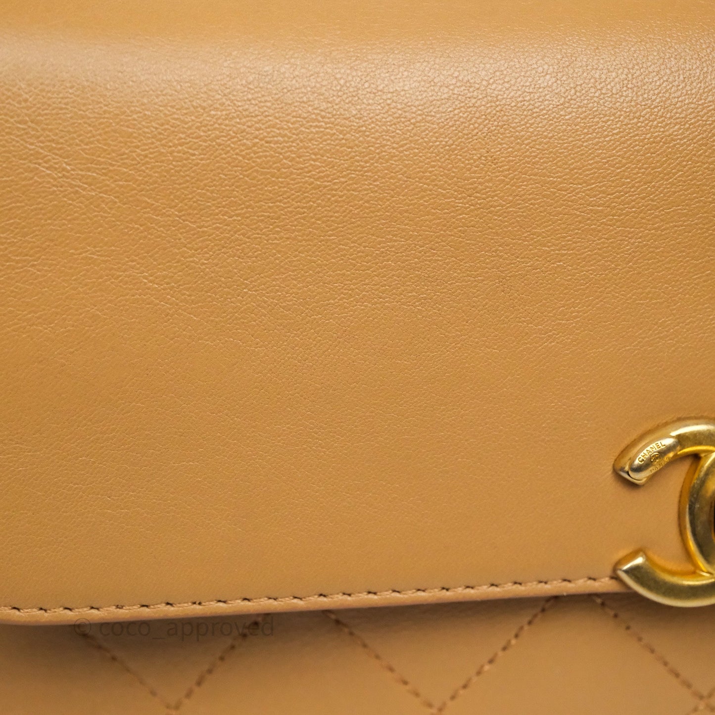 Chanel Small Coco Luxe Flap Bag Caramel Beige Calfskin Aged Gold Hardware
