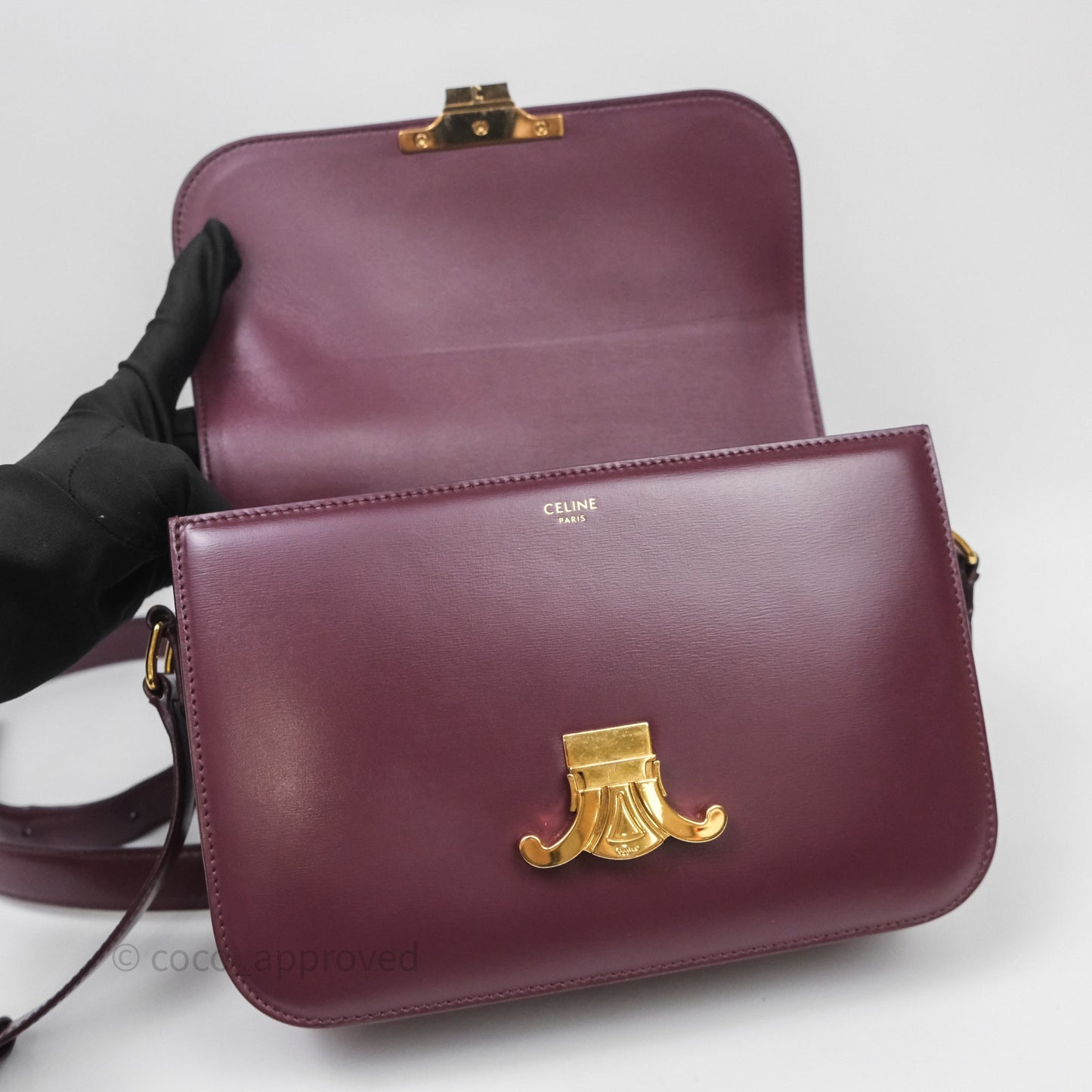Celine Medium Triomphe Acai Burgundy Shiny Calfskin Gold Hardware