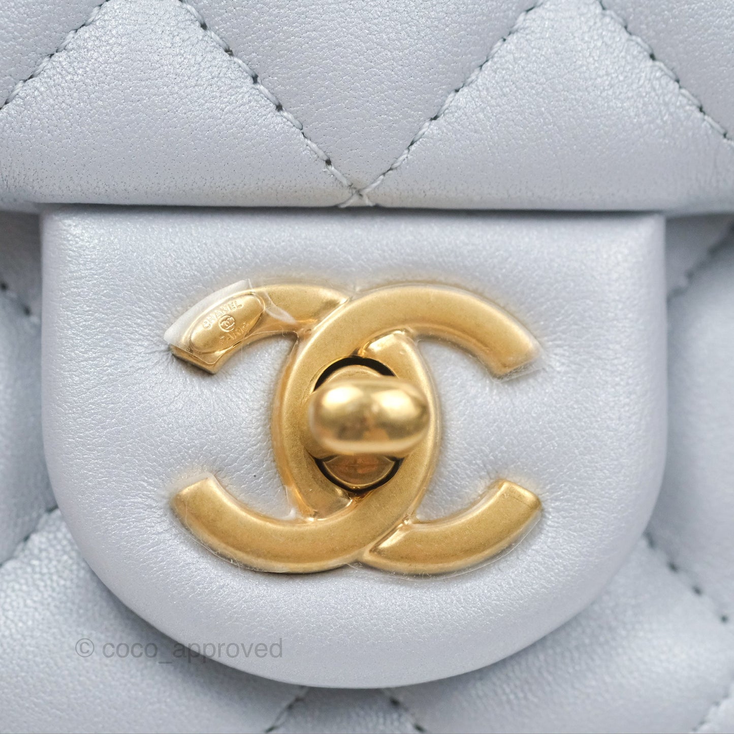 Chanel Mini Flap Bag with Pearl Chain Pearly Light Blue Lambskin Aged Gold Hardware 24P