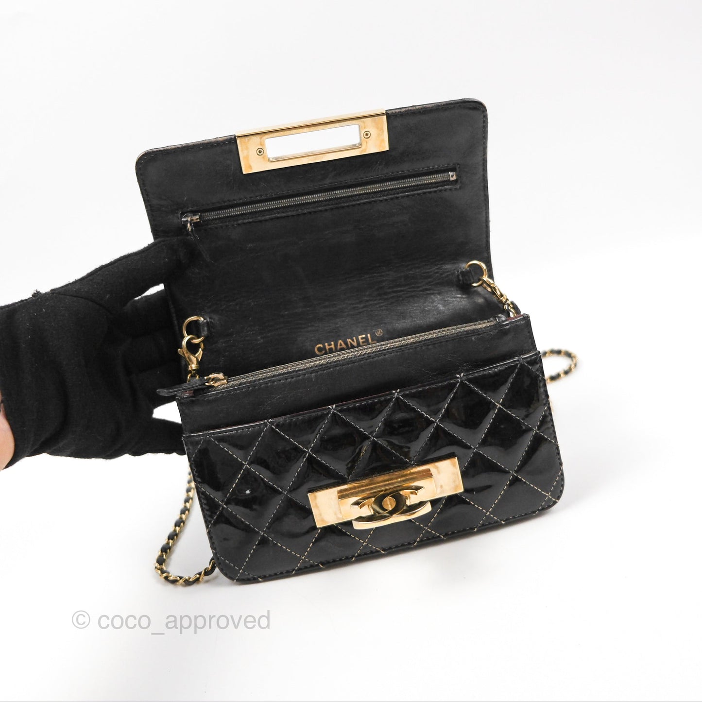Chanel Golden Class Wallet On Chain WOC Black Patent Gold Hardware