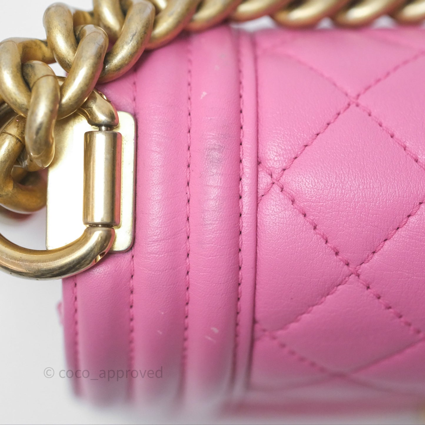 Chanel Small Boy Pink Calfskin Aged Gold Hardware