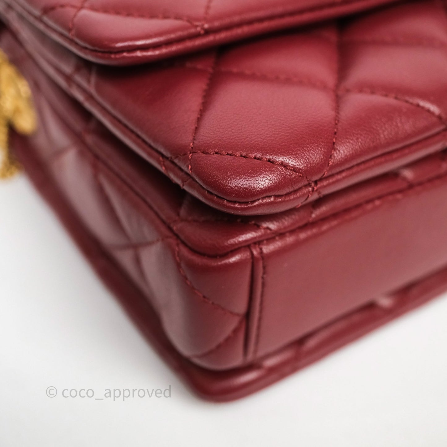 Chanel Quilted Accordion Flap Bag with Button on Chain Burgundy Lambskin Aged Gold Hardware 22A