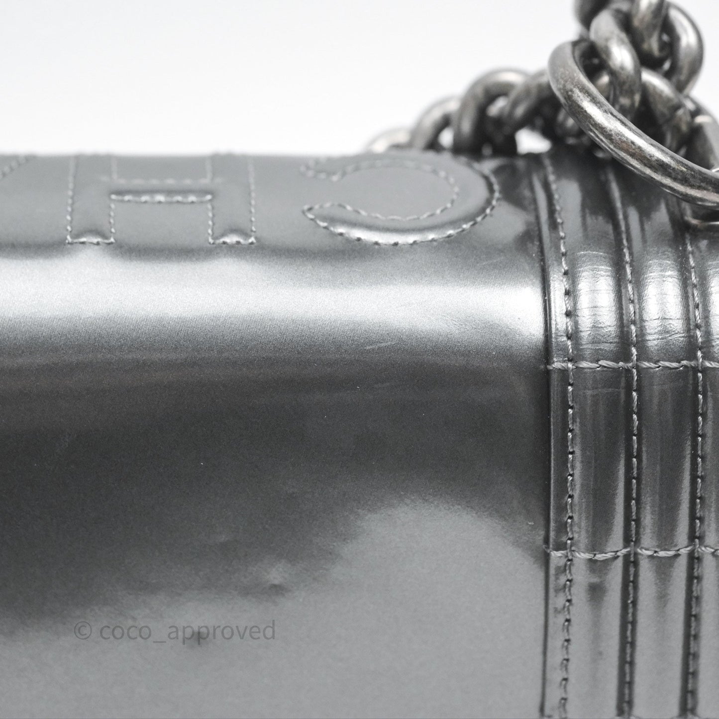 Chanel Medium Boy Metallic Dark Grey Iridescent Glazed Calfskin Ruthenium Hardware