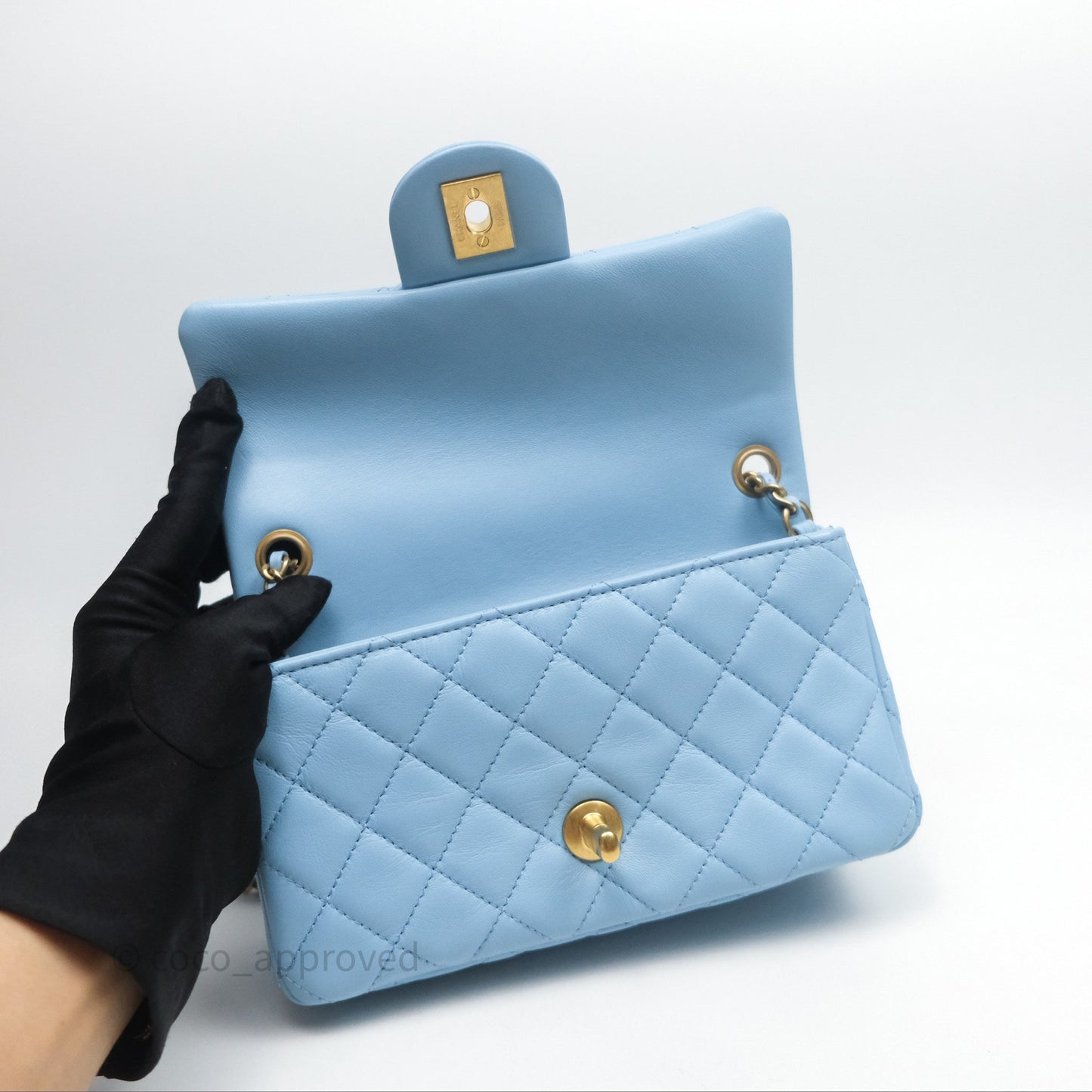 Chanel Mini Rectangular Pearl Crush Quilted Blue Lambskin Aged Gold Hardware