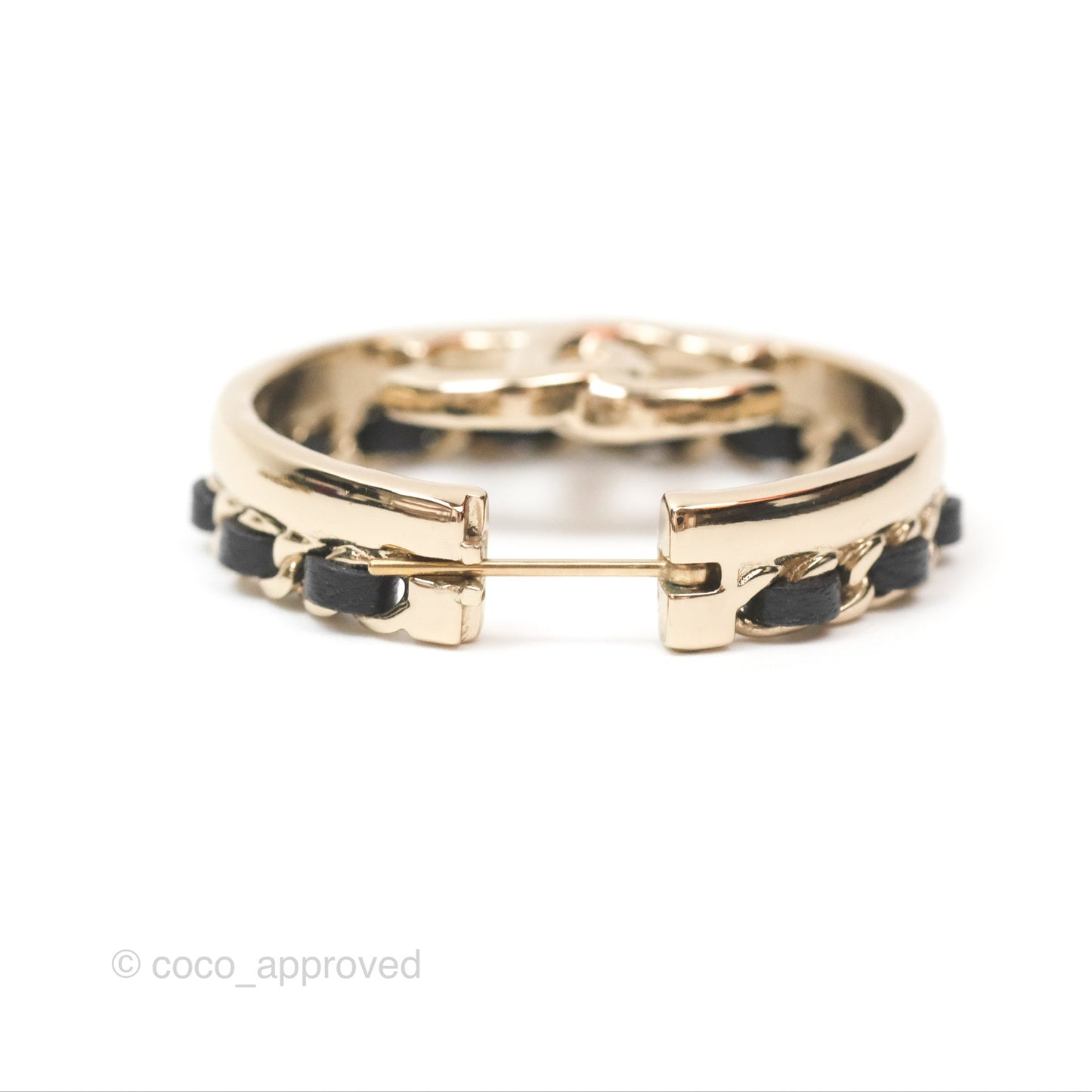 Chanel Gold Hoop Black Leather CC Earrings 22P