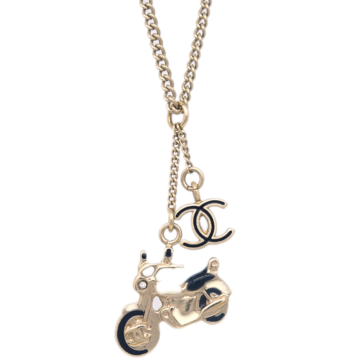 Chanel Bike Rhinestone Chain Pendant Necklace Gold 10P