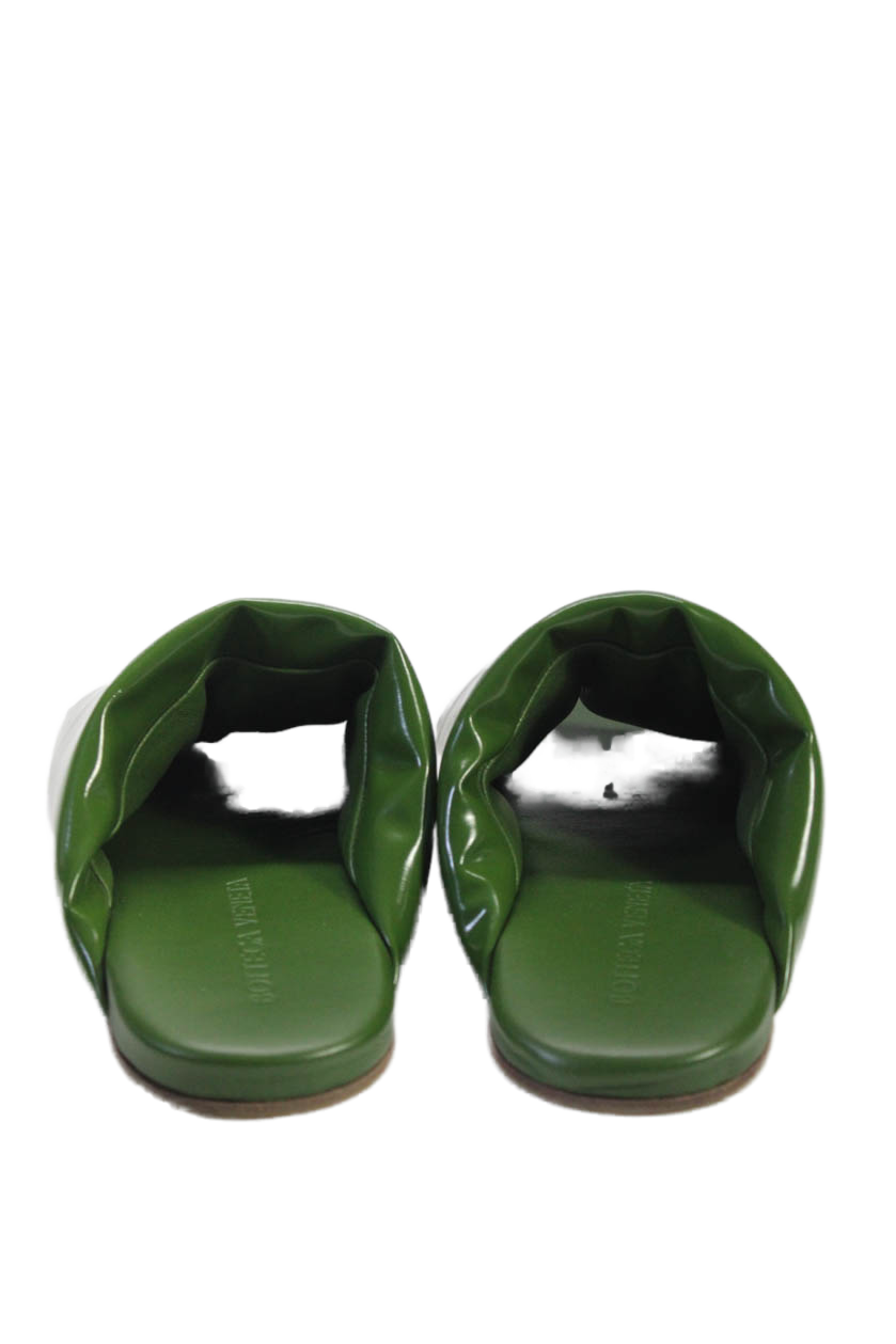 Luxury Bottega Veneta Womens Single Strap Patent Leather Slide Sandals Green