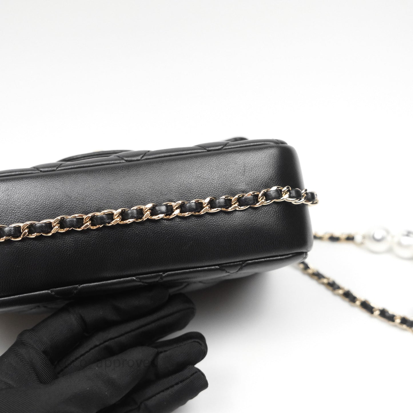 Chanel Logo Pearl Chain Flap Bag Black Lambskin Gold Hardware