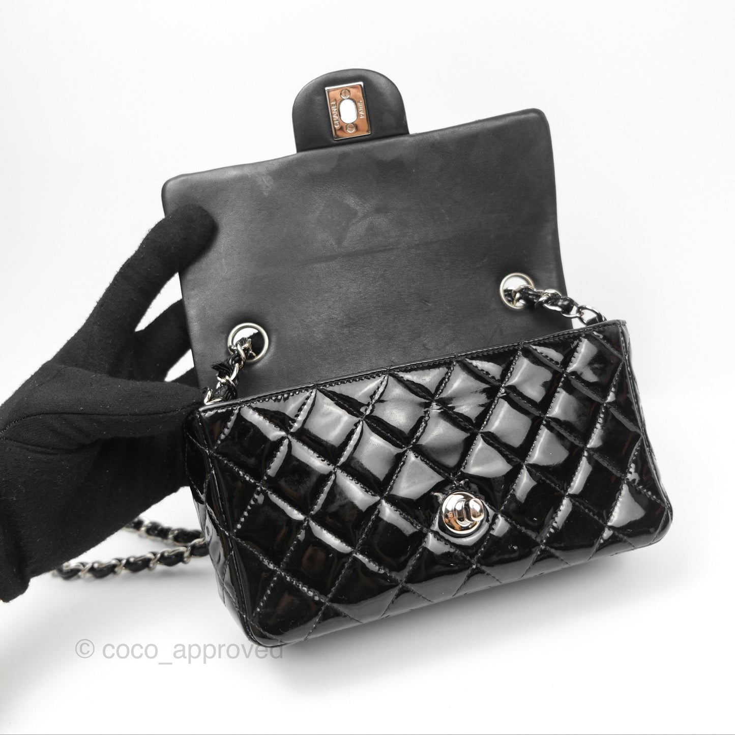 Chanel Quilted Mini Rectangular Flap Black Patent Silver Hardware