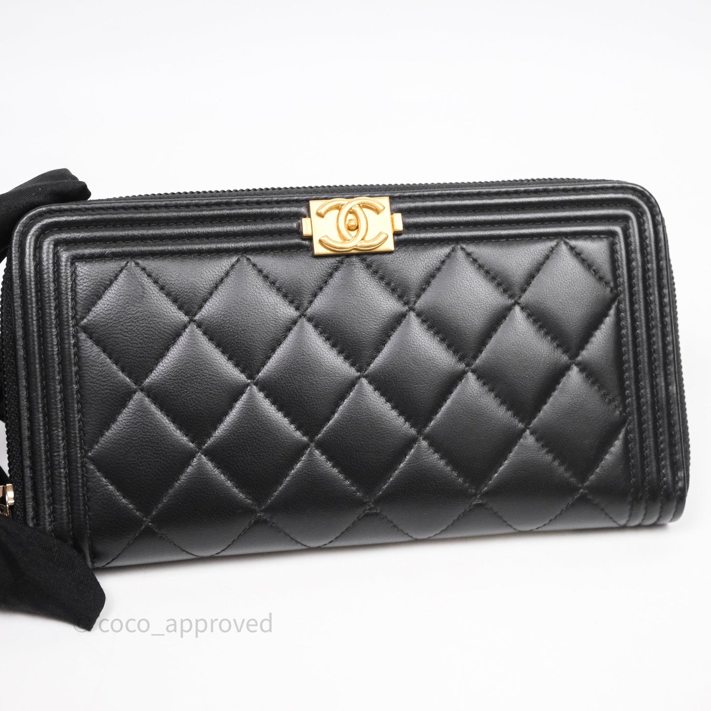 Chanel Boy Zip Long Wallet Black Lambskin Gold Hardware