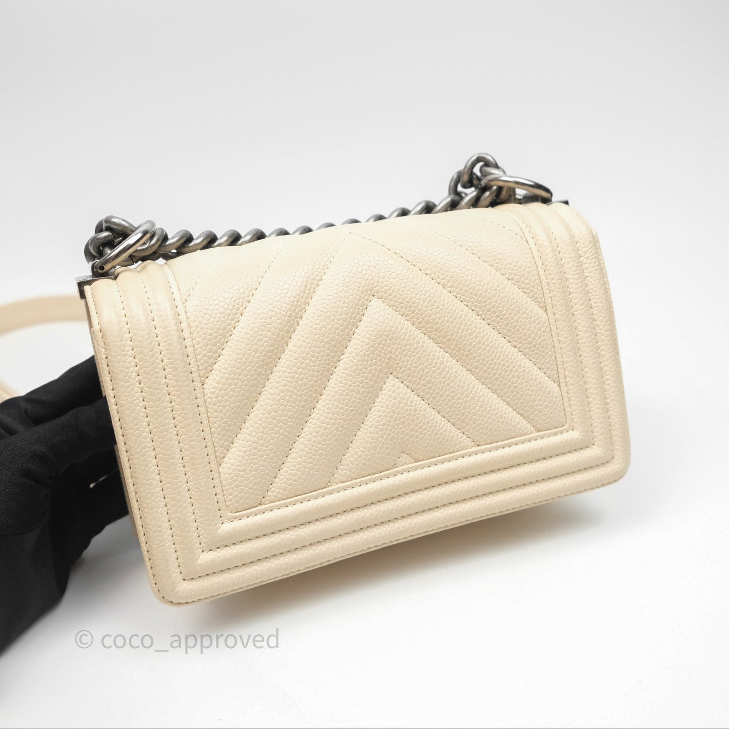 Chanel Small Boy Chevron Beige Caviar Ruthenium Hardware
