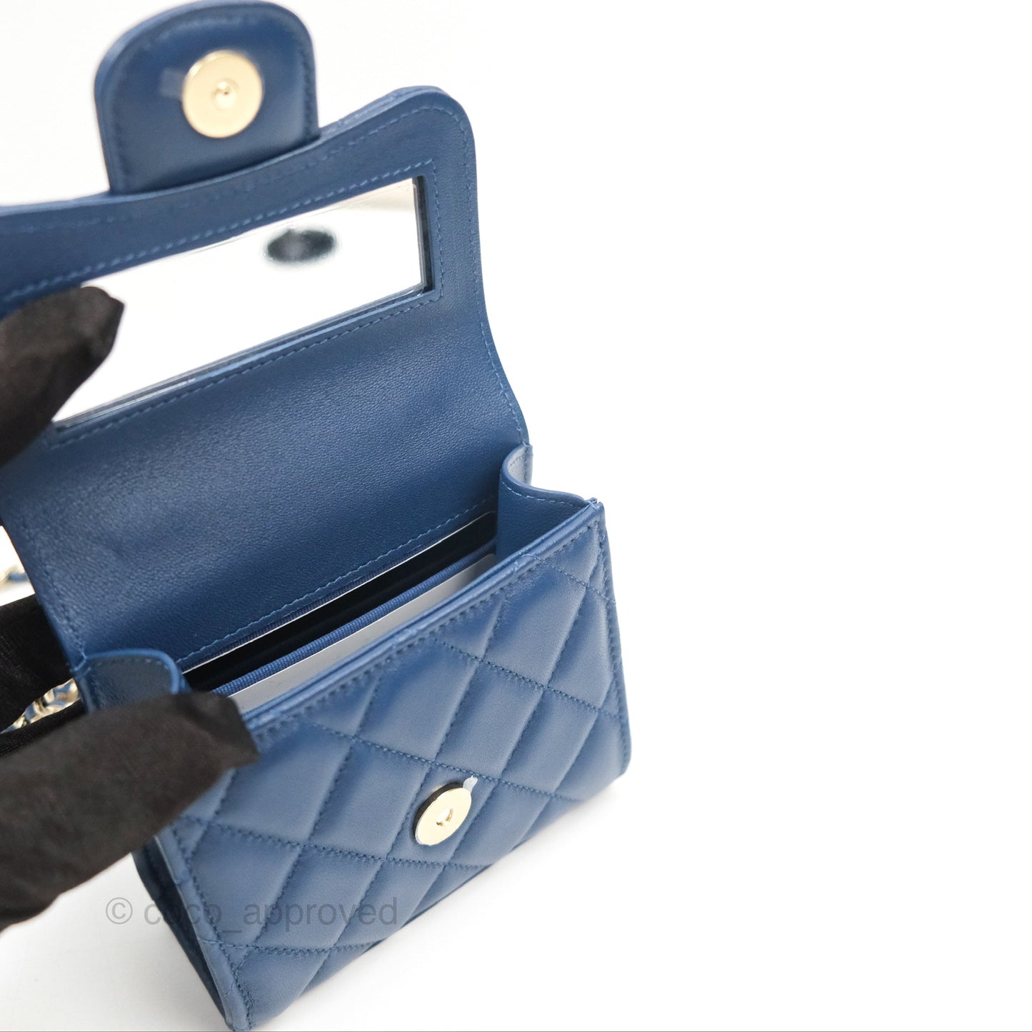 Chanel Mini Handle Clutch With Chain Navy Lambskin Gold Hardware
