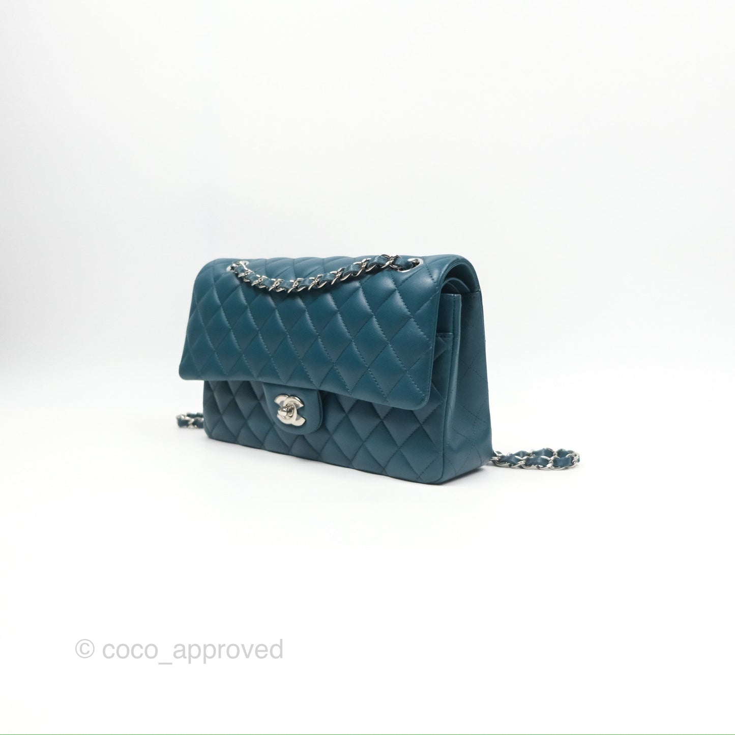 Chanel Classic M/L Medium Flap Quilted Teal Lambskin Silver Hardware