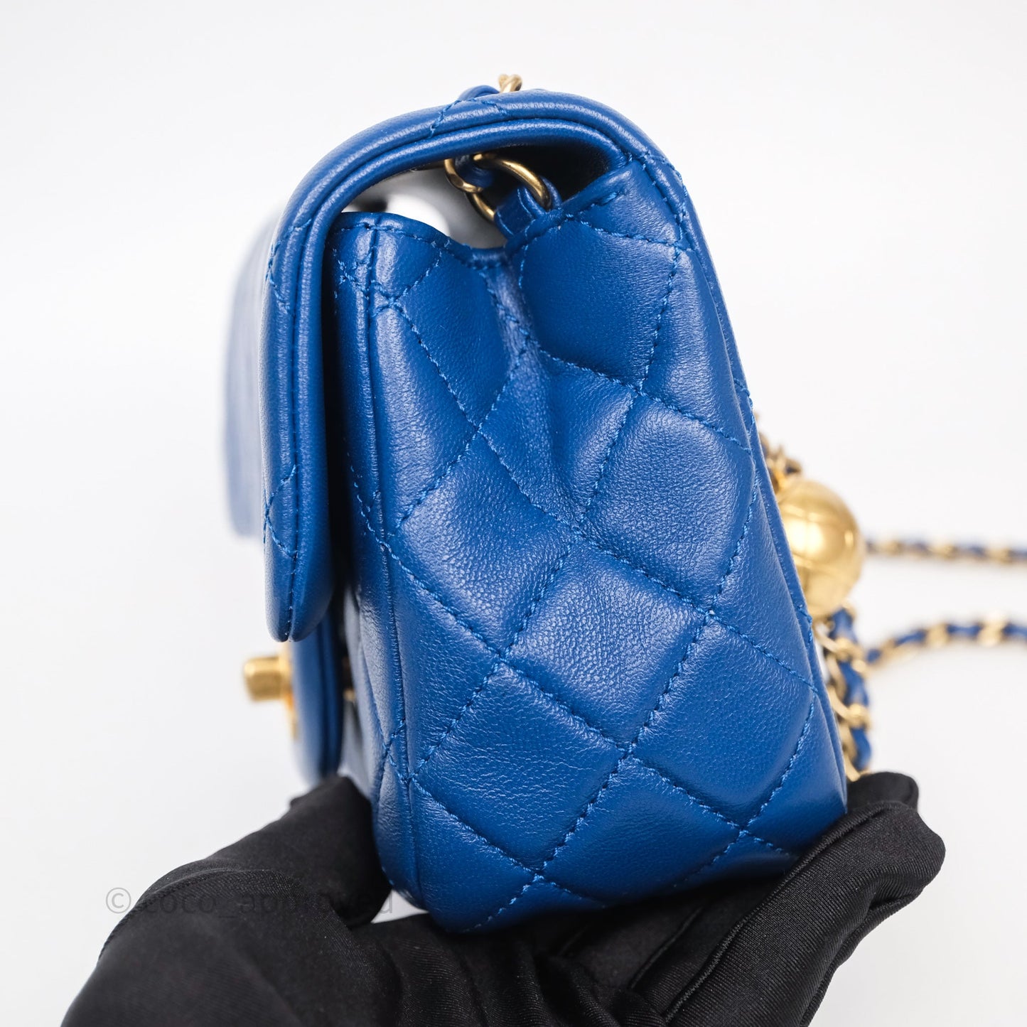 Chanel Pearl Crush Mini Square Quilted Blue Lambskin Aged Gold Hardware