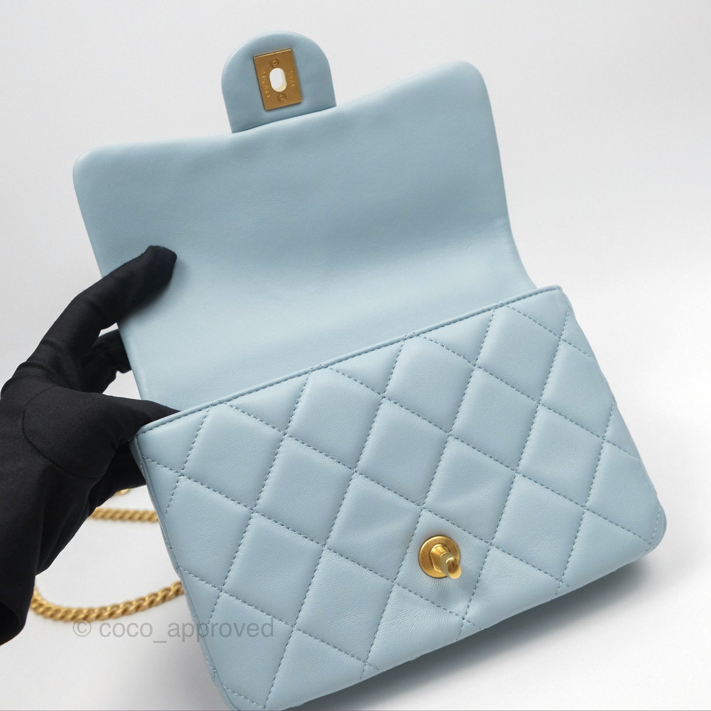 Chanel Quilted Enamel Pending CC Small Square Flap Baby Blue Lambskin 22P