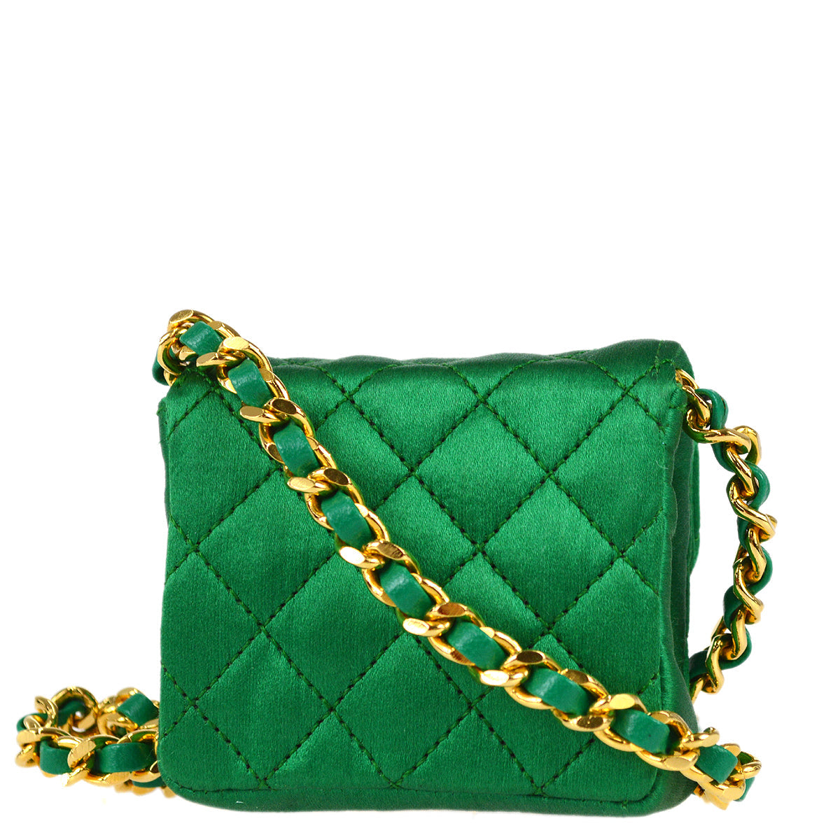 Luxury Chanel 1989-1991 Classic Flap Micro Shoulder Pochette Pouch Satin Green