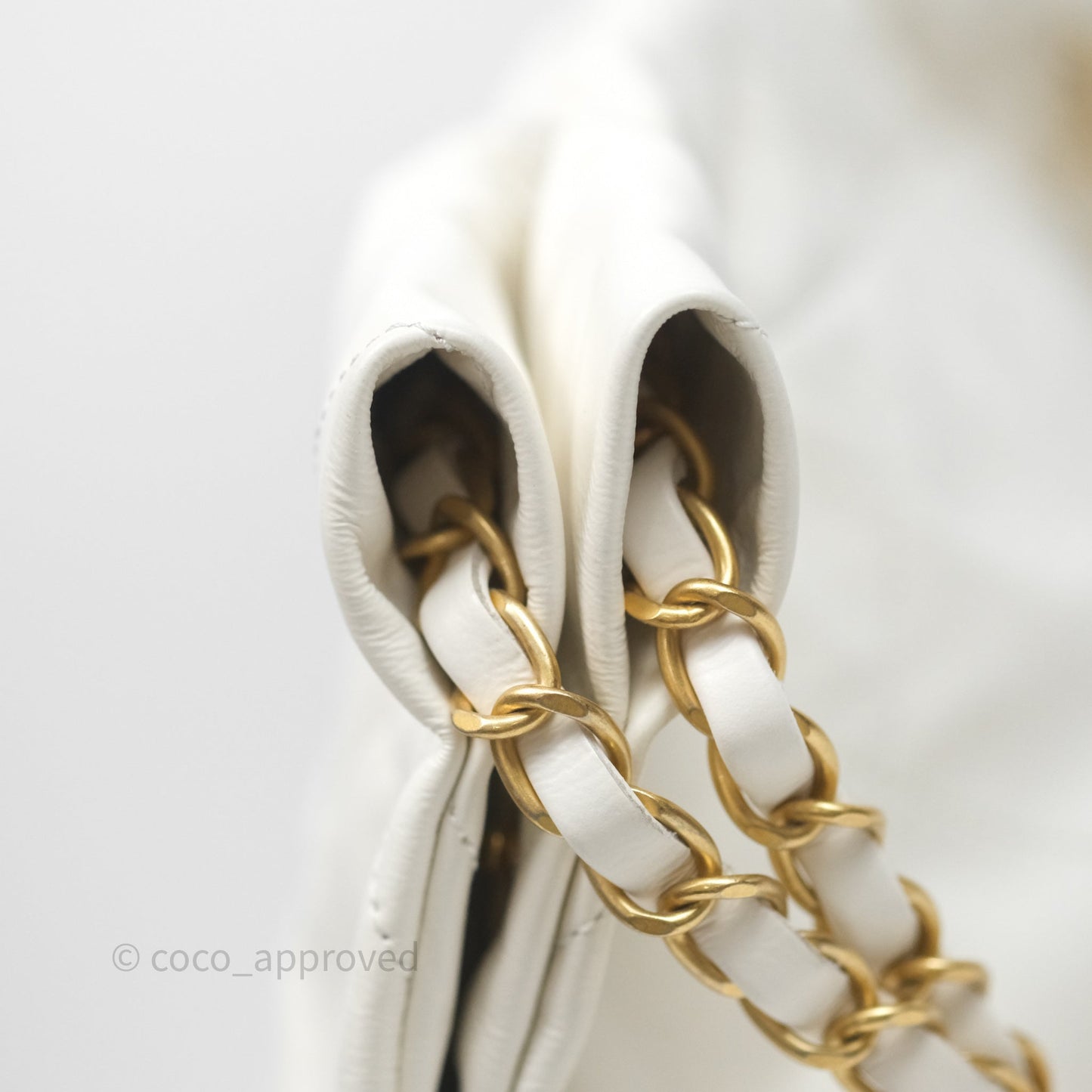 Chanel 22 Small White Aged Calfskin Black Logo Aged Gold Hardware