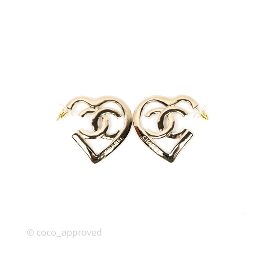 Chanel CC Heart Hoop Earrings Gold Tone 22P