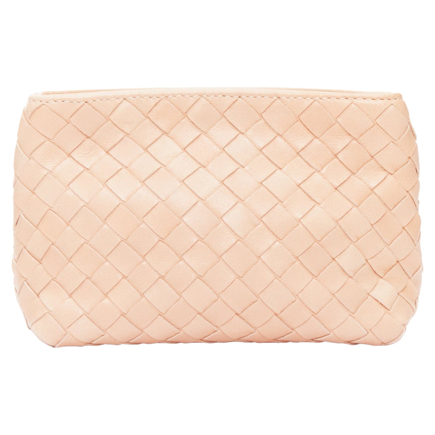 Luxury Bottega Veneta light nude intrecciato leather woven zip pouch