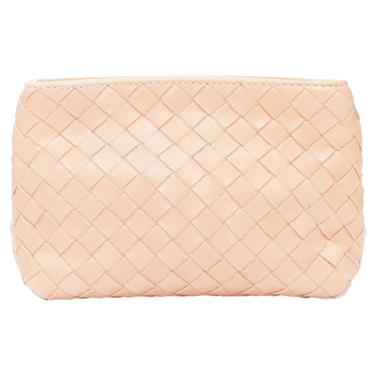 Luxury Bottega Veneta light nude intrecciato leather woven zip pouch