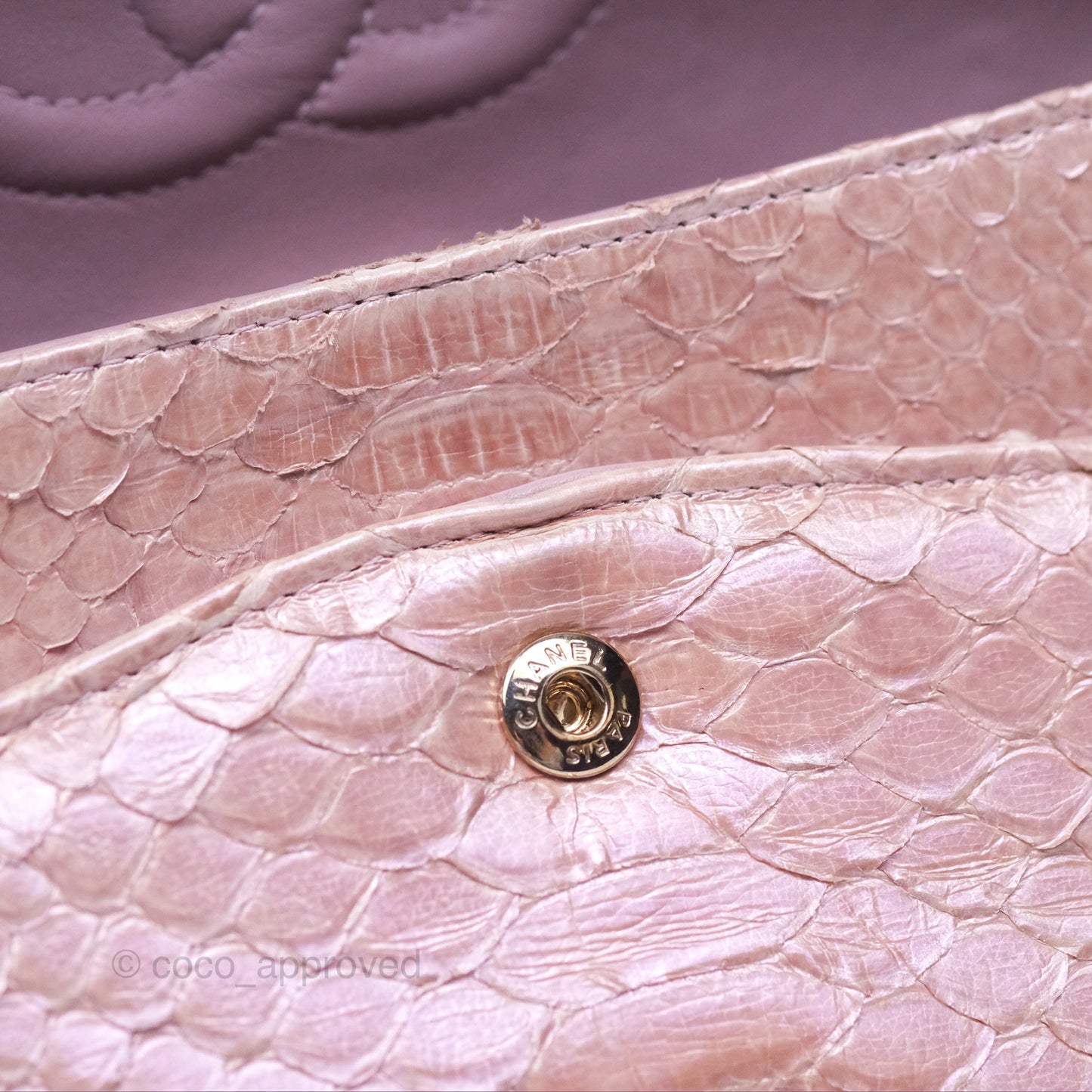Chanel Classic M/L Medium Flap Quilted Iridescent Pink Python Gold Hardware