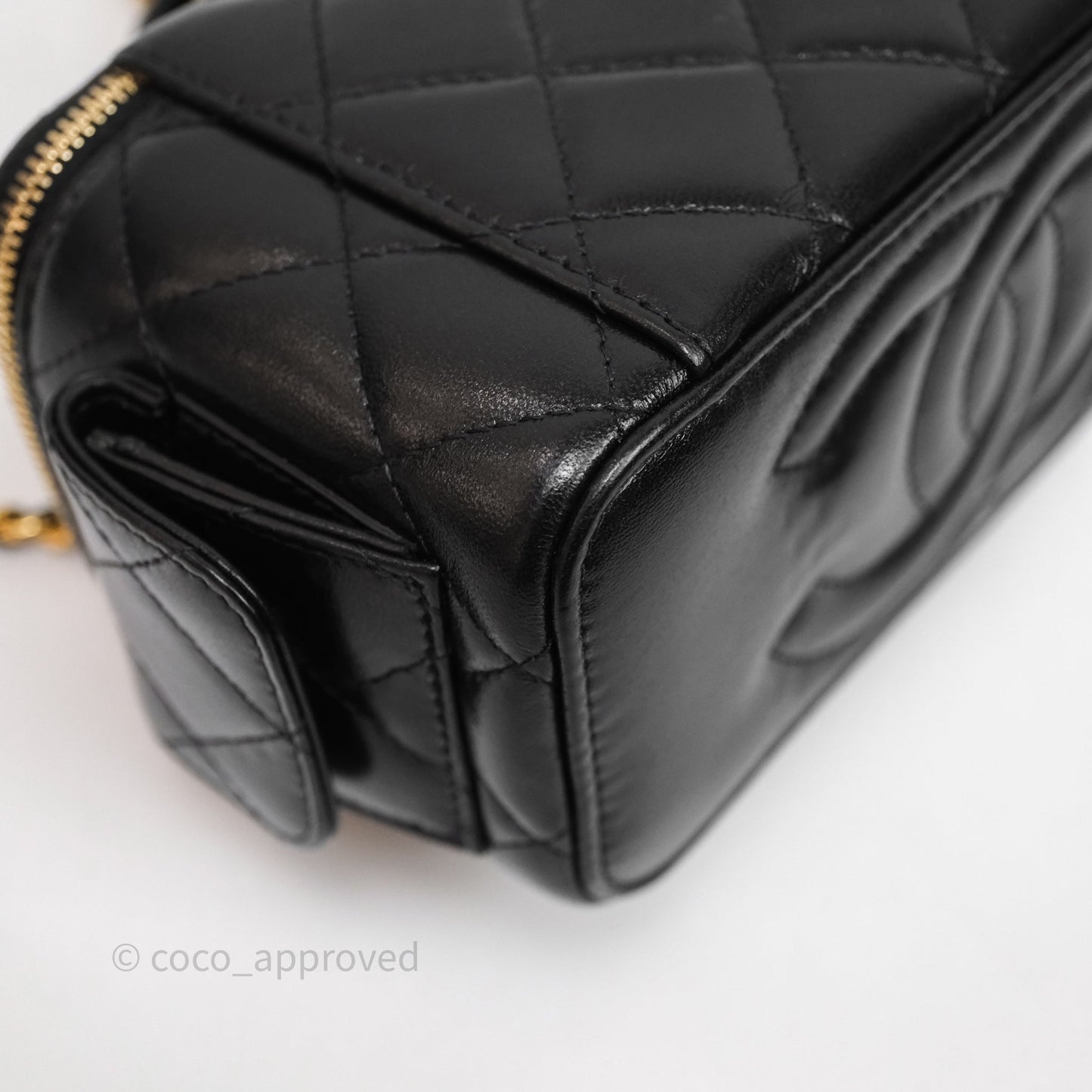Chanel Quilted Top Handle Pocket Vanity Case Black Shiny Lambskin Bag Gold Hardware