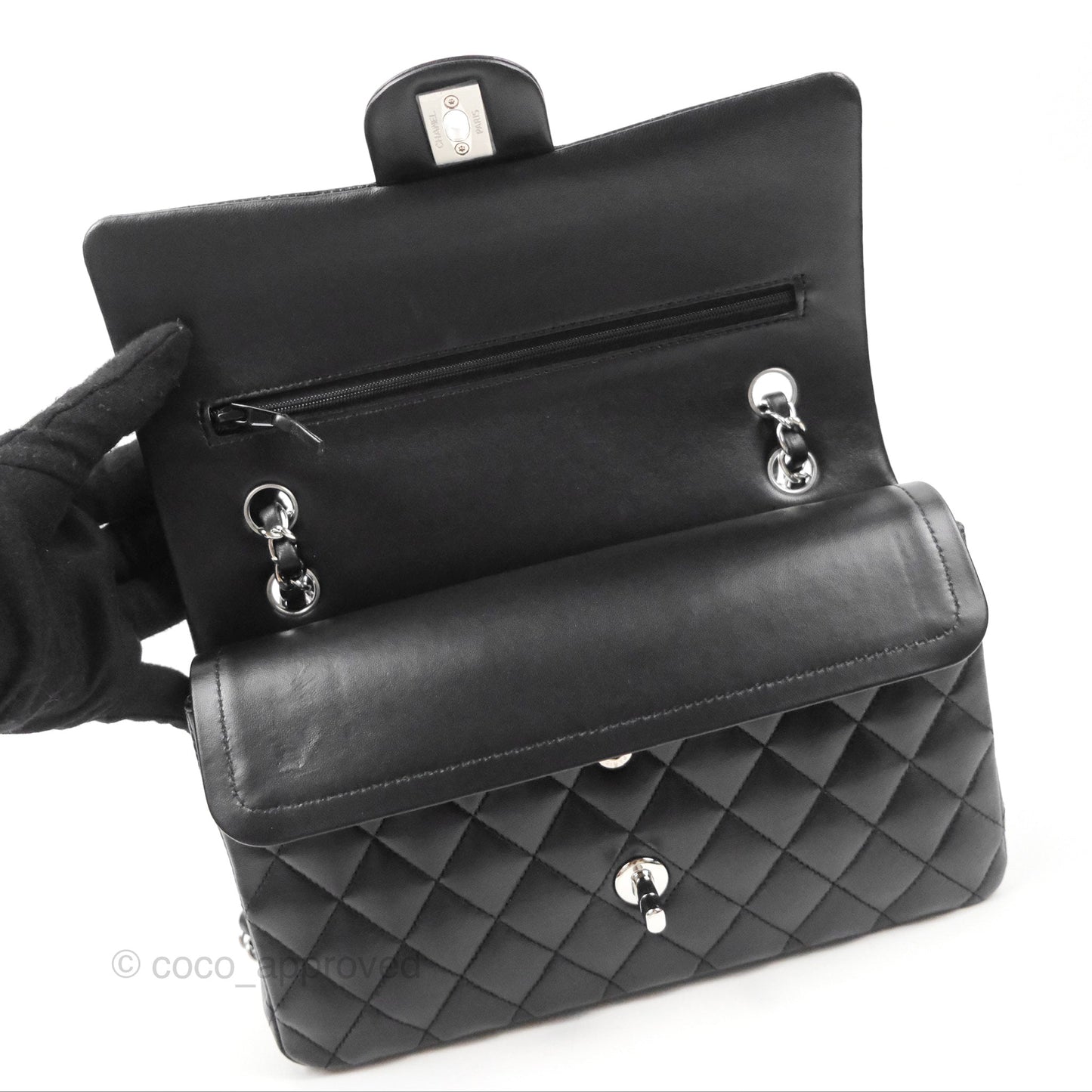 Chanel Classic M/L Medium Flap Quilted Black Lambskin Silver Hardware