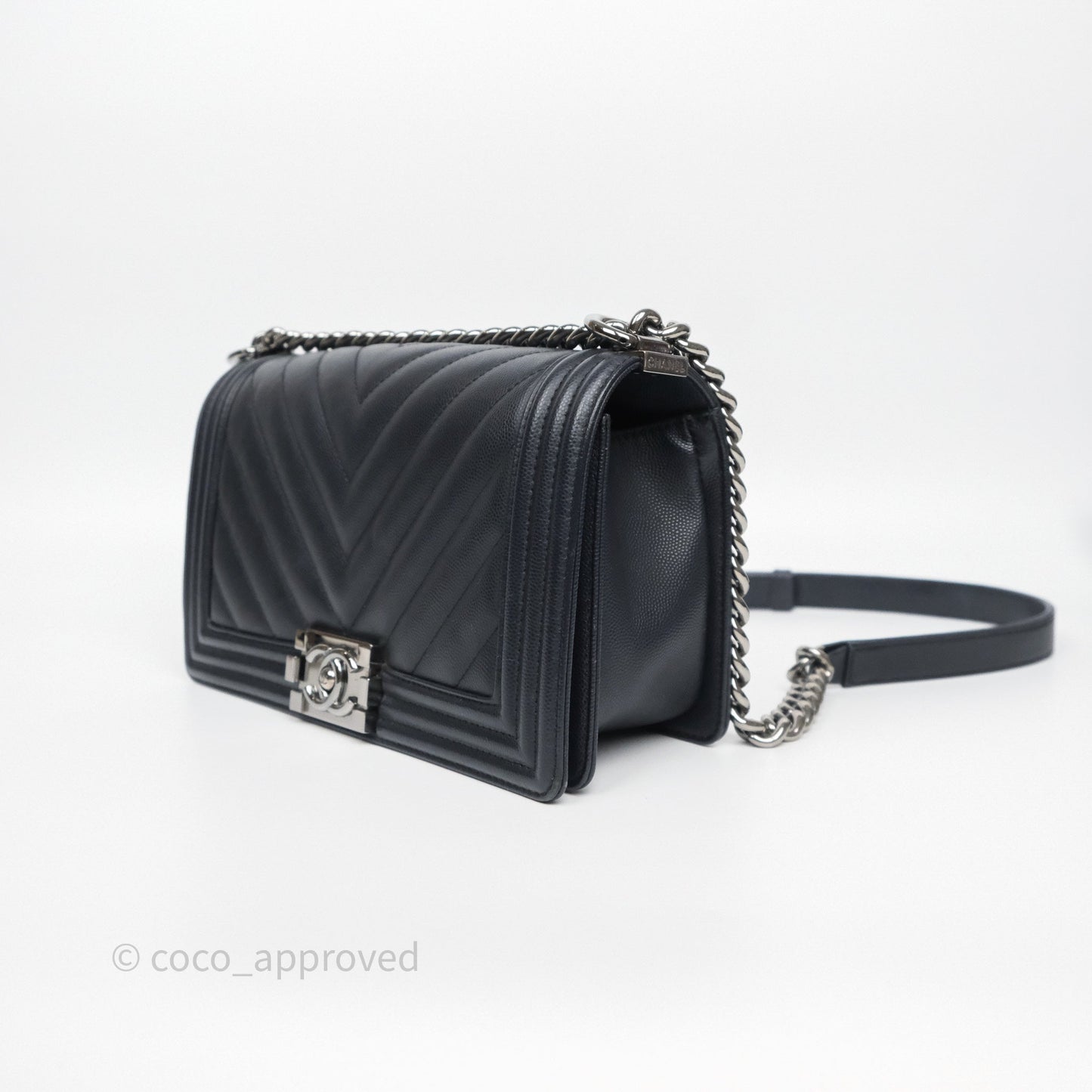 Chanel Medium Boy Chevron Dark Navy Caviar Silver Hardware