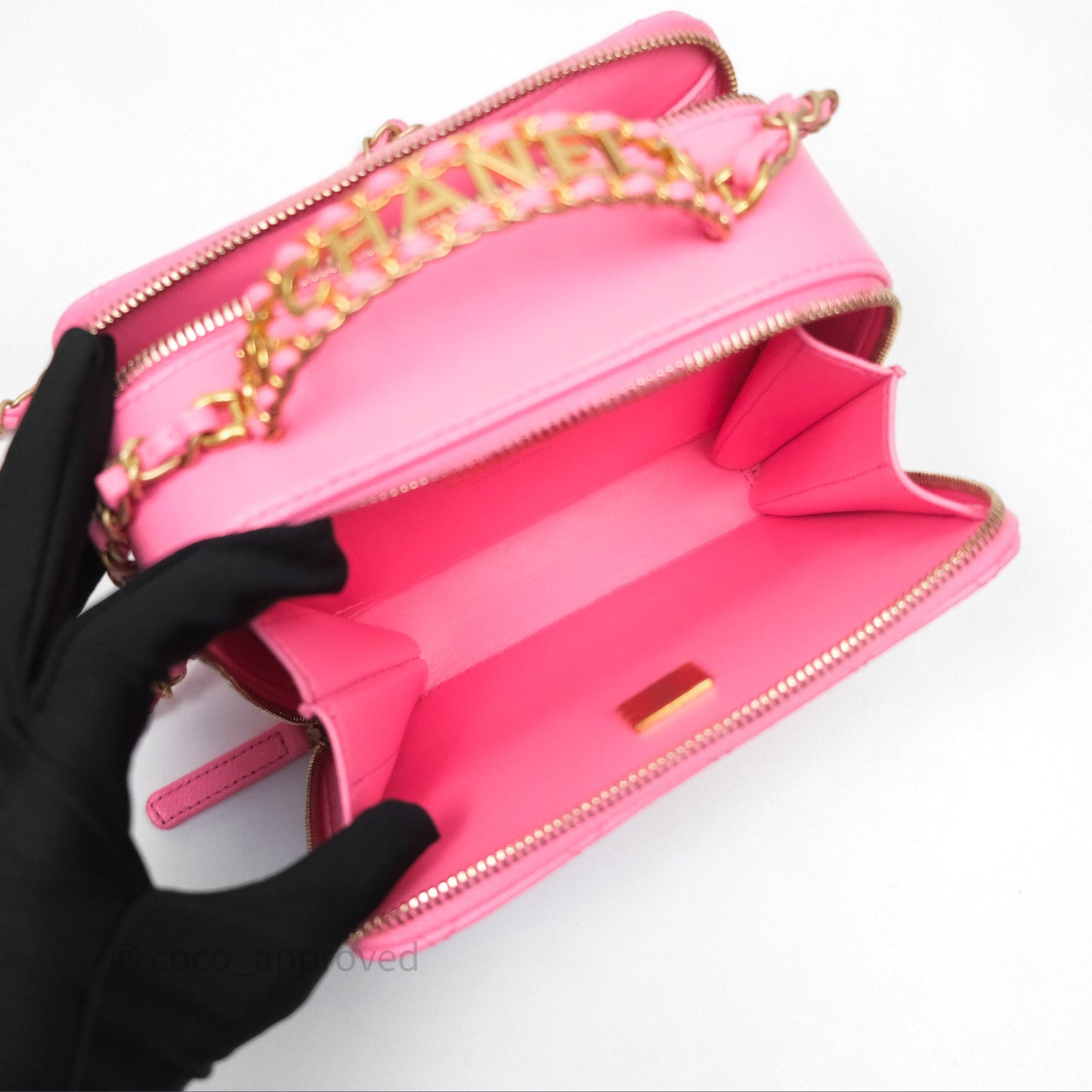 Chanel Quilted Pick Me Up Small Vanity Case Hot Pink Caviar Aged Gold Hardware