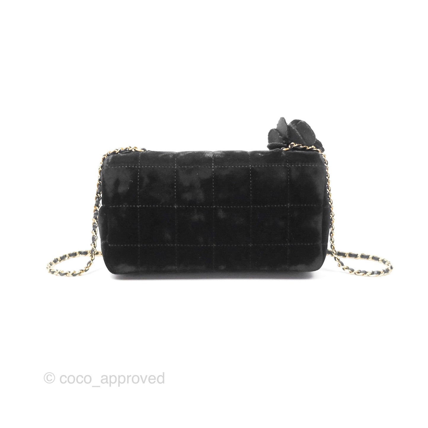 Chanel Vintage Mini Chocolate Bar Camellia Flap Black Velvet Gold Hardware