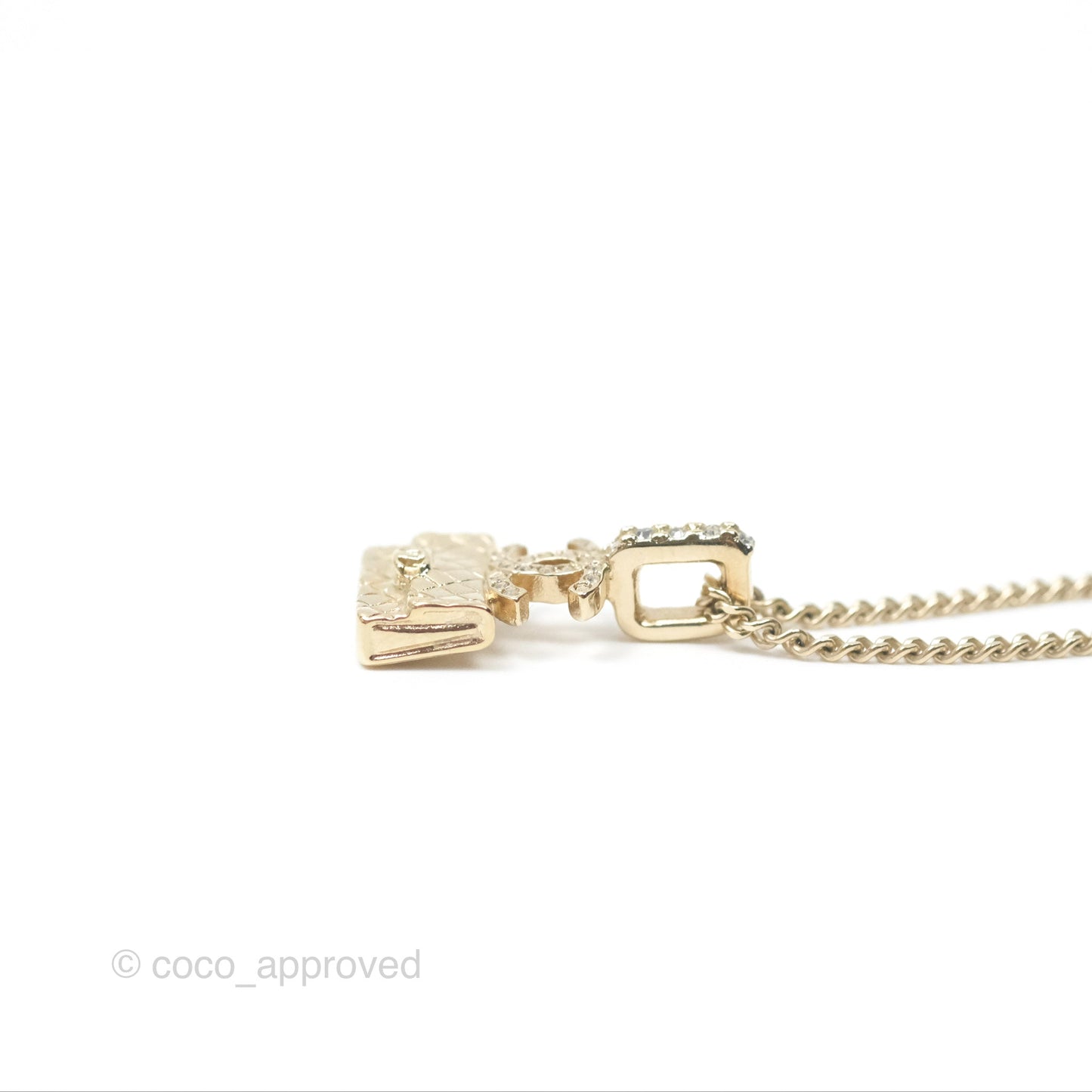 Chanel Crystals CC Flap Bag Pendant Necklace Gold Tone 23B