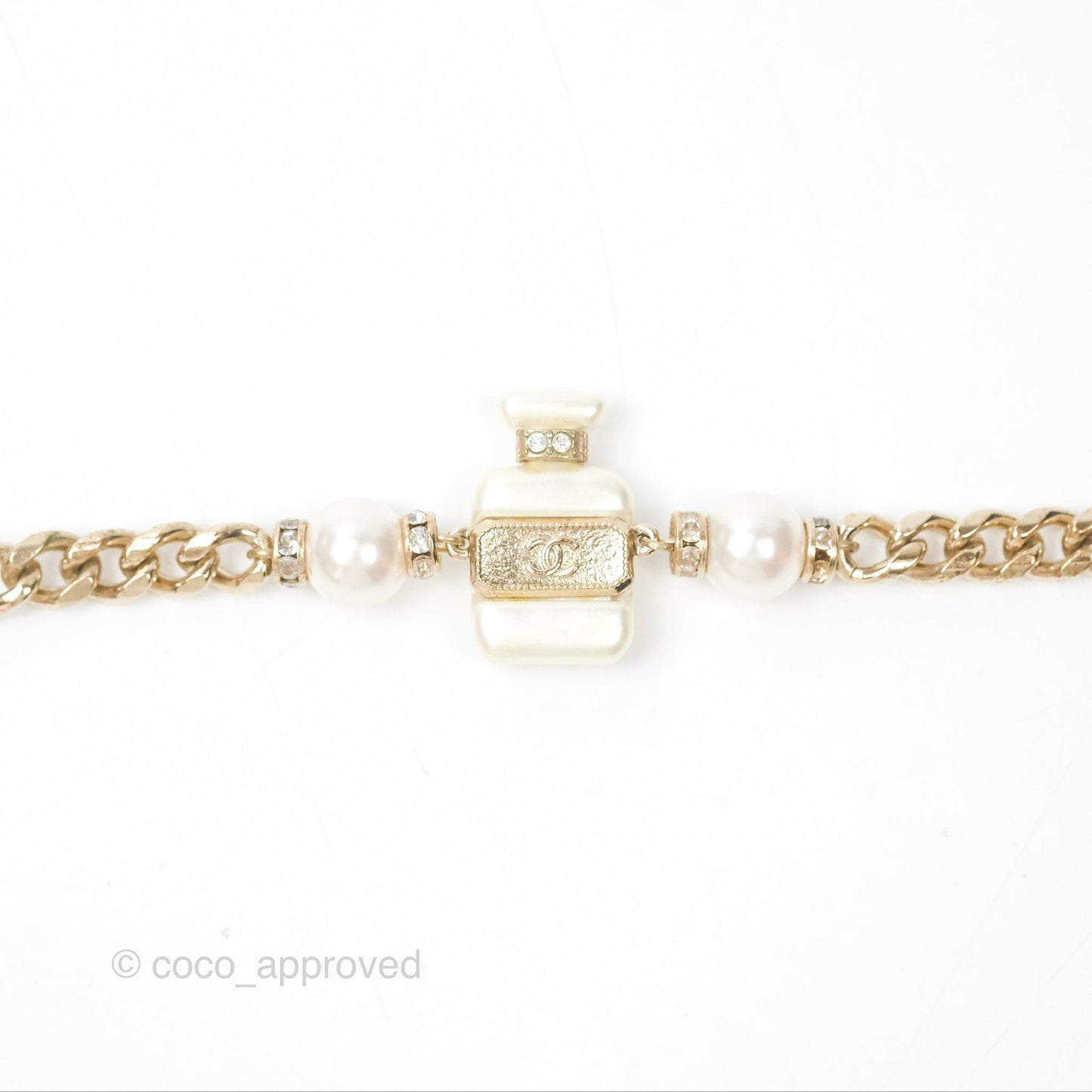 Chanel No5 Perfume Bottle Crystal Pearl Chain Choker Necklace Gold Tone 22S