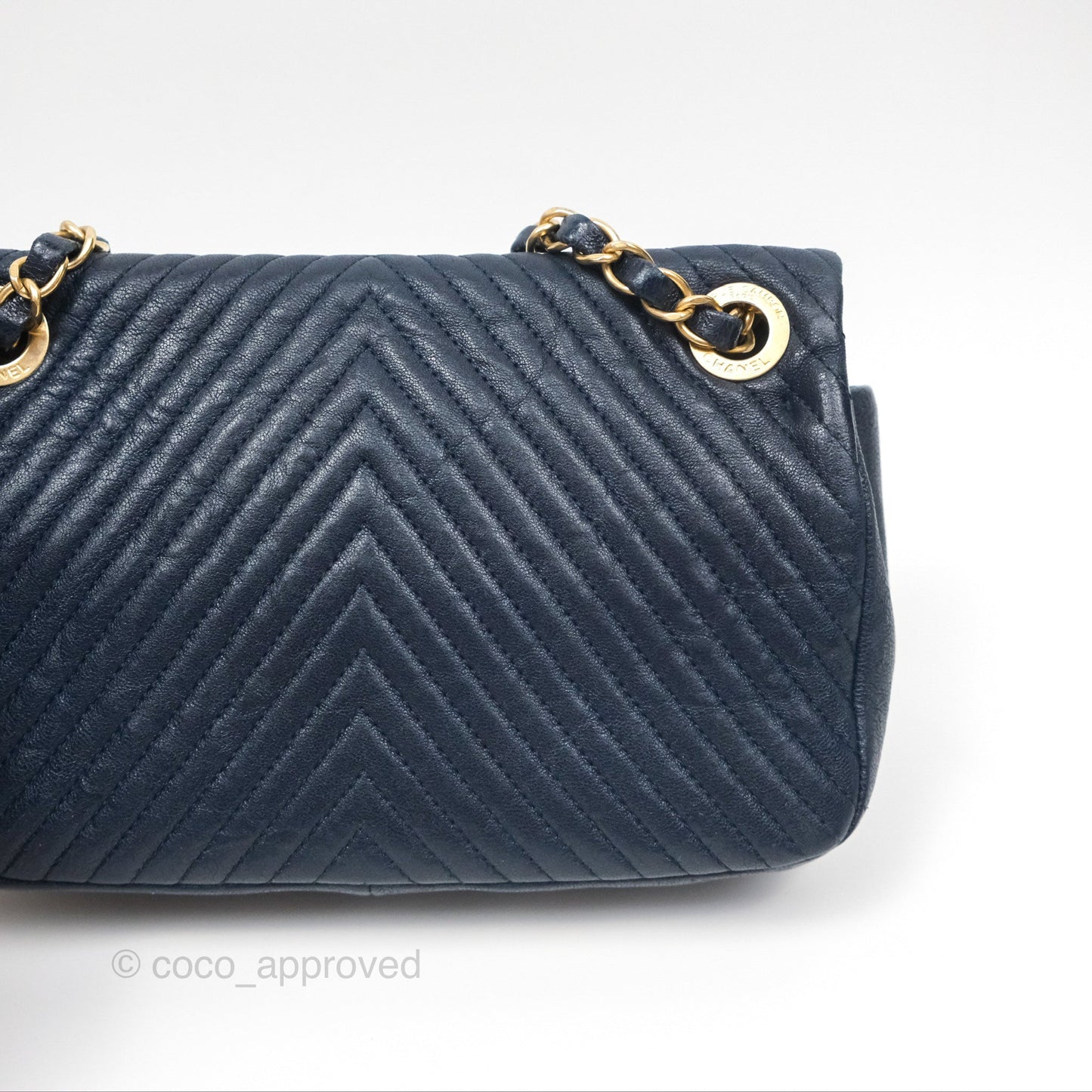 Chanel Small Chevron Surpique Flap Navy Calfskin Aged Gold Hardware