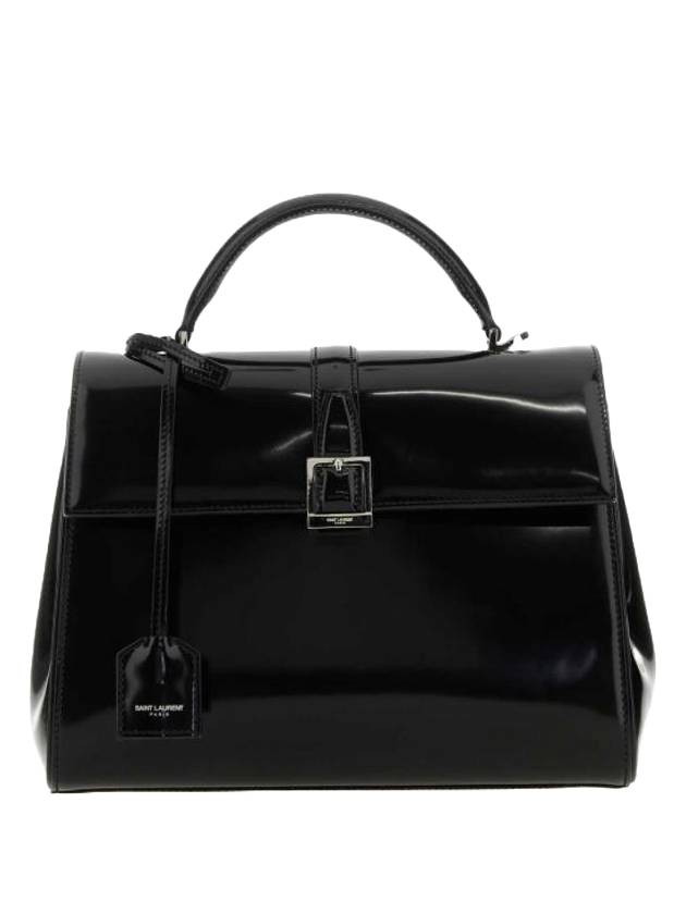 Luxury Saint Laurent Le Fermoir Small Top-Handle Brushed Leather Tote Bag Black