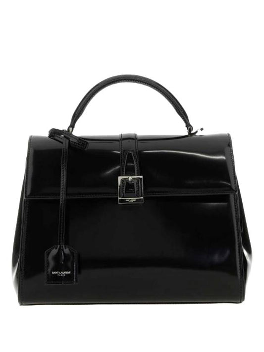 Luxury Saint Laurent Le Fermoir Small Top-Handle Brushed Leather Tote Bag Black
