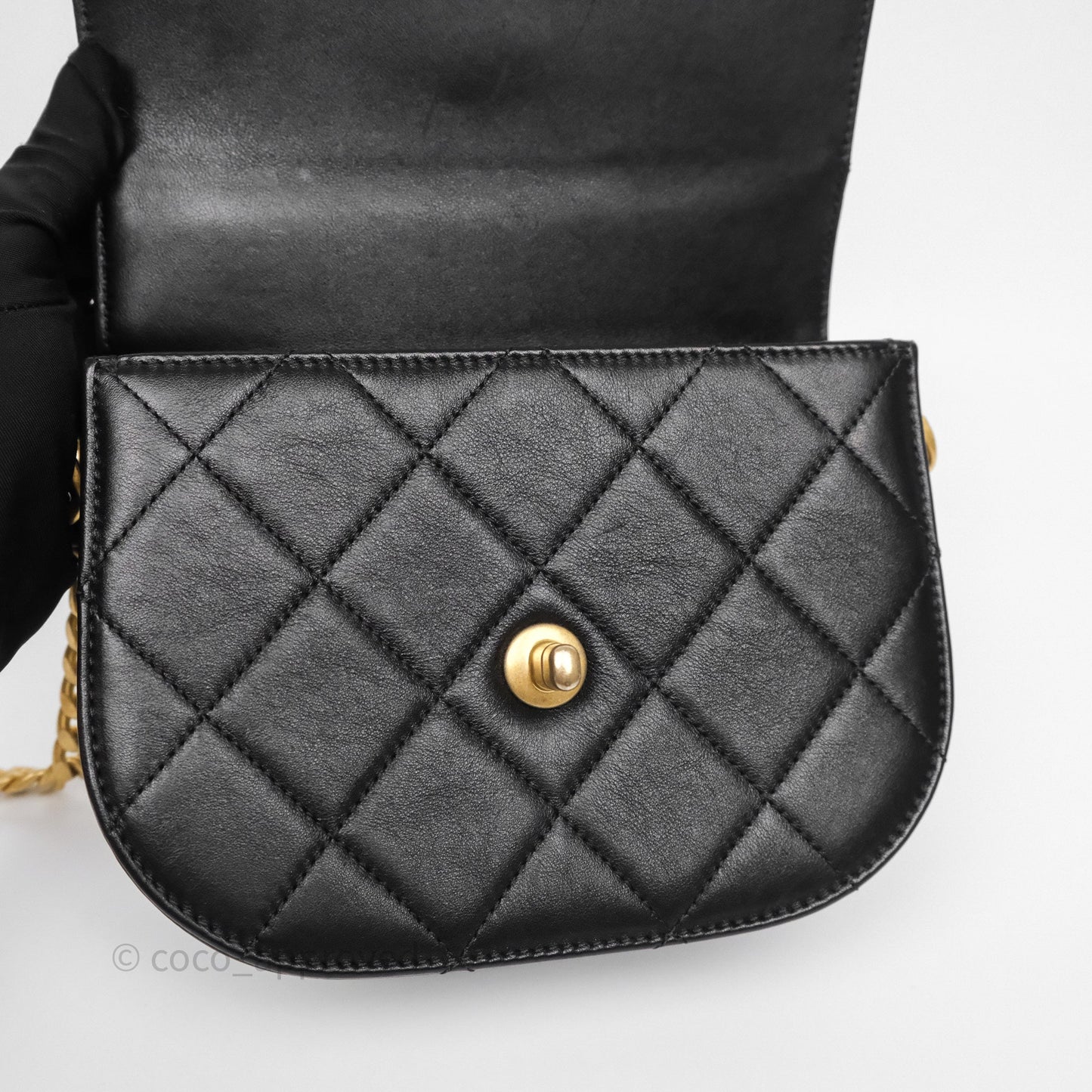 Chanel Mini Moon Messenger Bag Black Calfskin Aged Gold Hardware