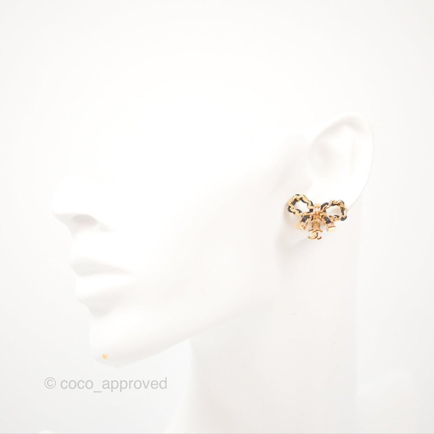 Chanel Woven Ribbon Bow Black Earrings Gold Tone 23V