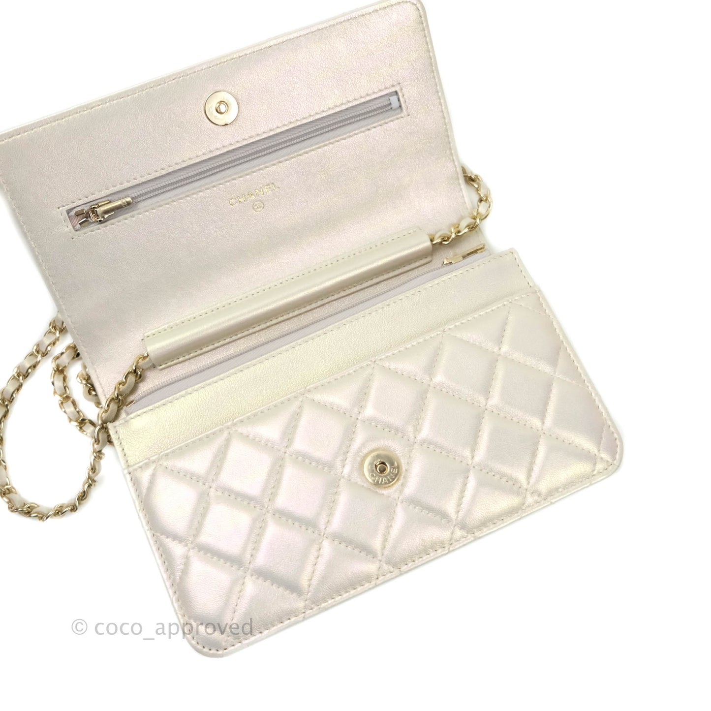 Chanel Quilted Wallet on Chain WOC Iridescent Ivory Light Gold Hardware