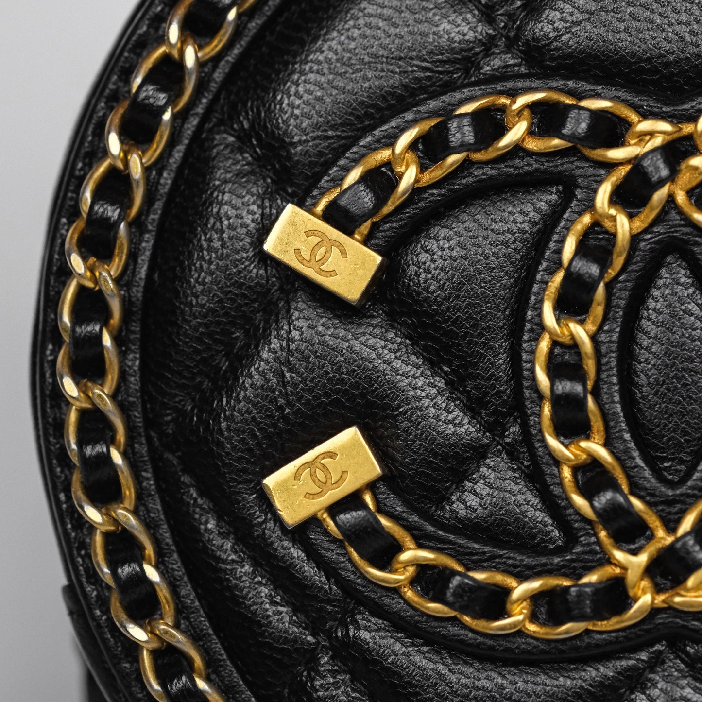 Chanel Chained Round Filigree Clutch With Chain Black Lambskin Gold Hardware